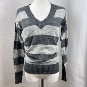 Y2K Gray Striped V Neck Sweater Womens M Rabbit Hair Wool Blend Indie Preppy